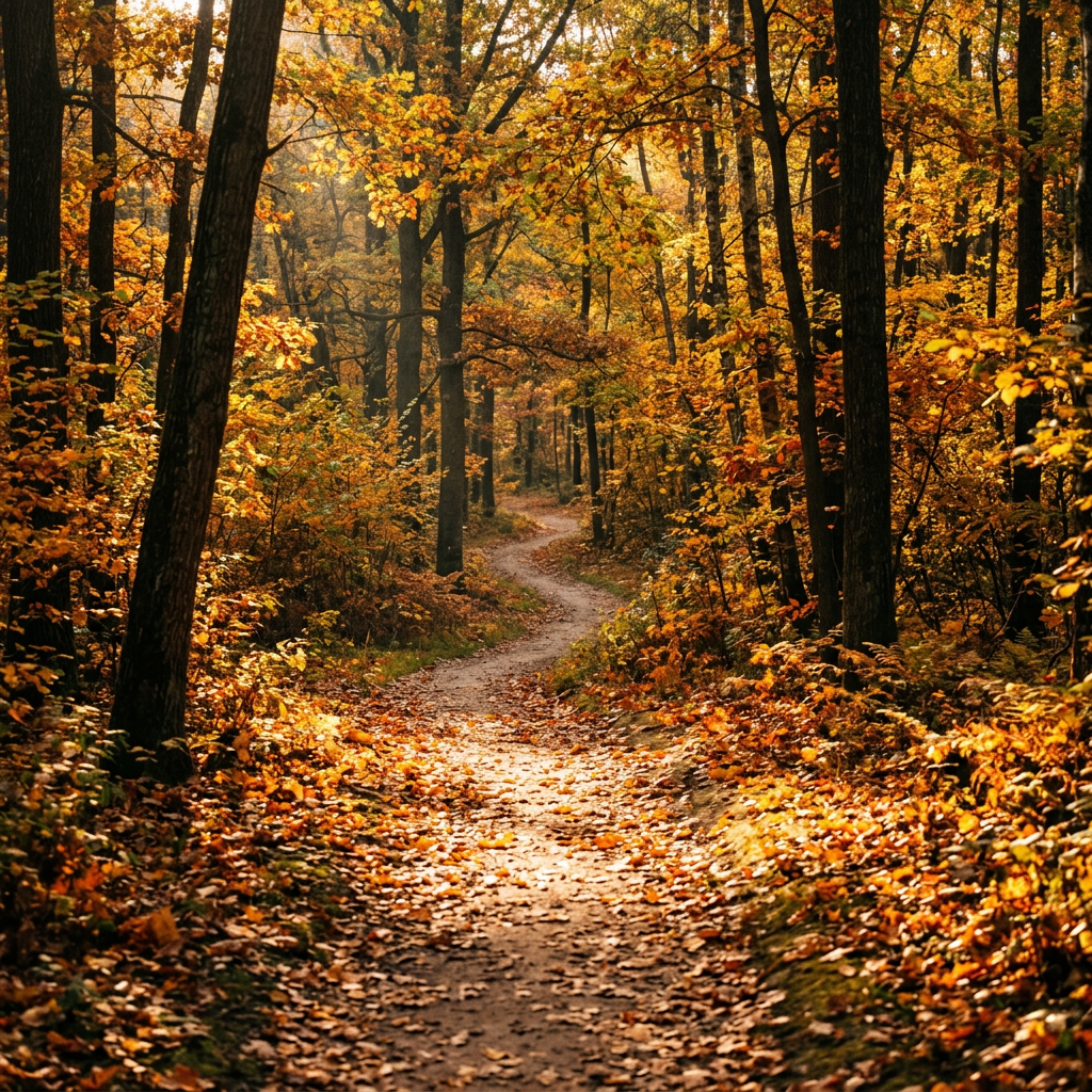 Winding dirt path through forest with yellow and orange autumn leaves