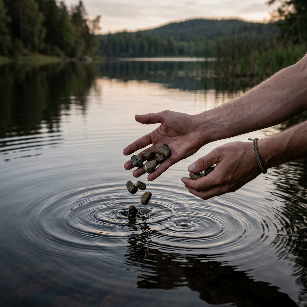 Person's hands holding and dropping small stones into a calm lake with ripples forming on the water surface