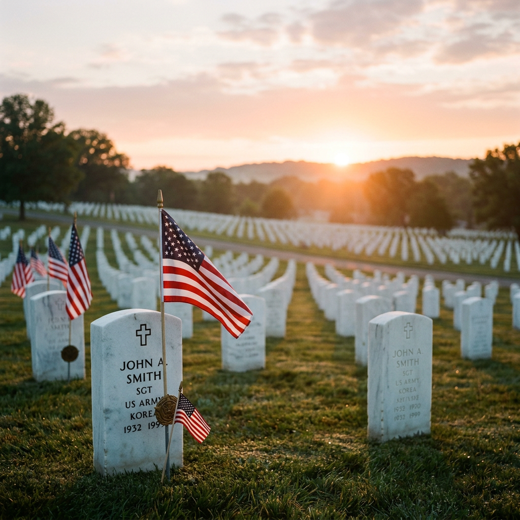 White gravestones in a military cemetery each adorned with American flags at sunrise