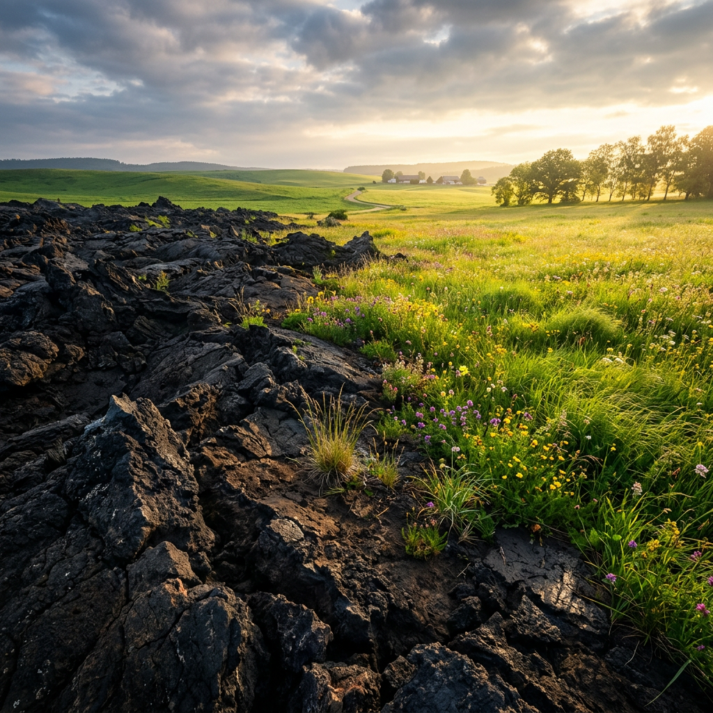 Dark volcanic rocks beside a meadow filled with yellow and purple wildflowers