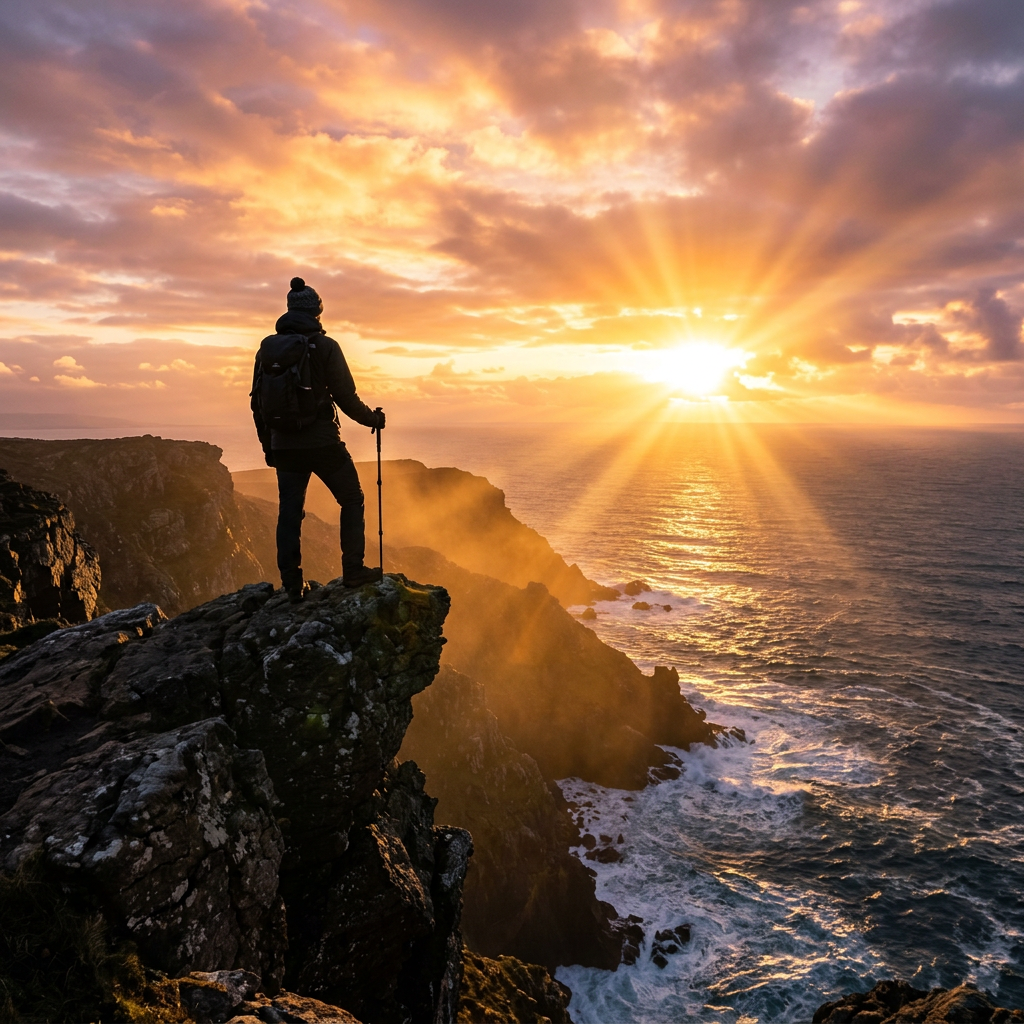 Person standing on rocky cliff edge overlooking ocean at sunrise