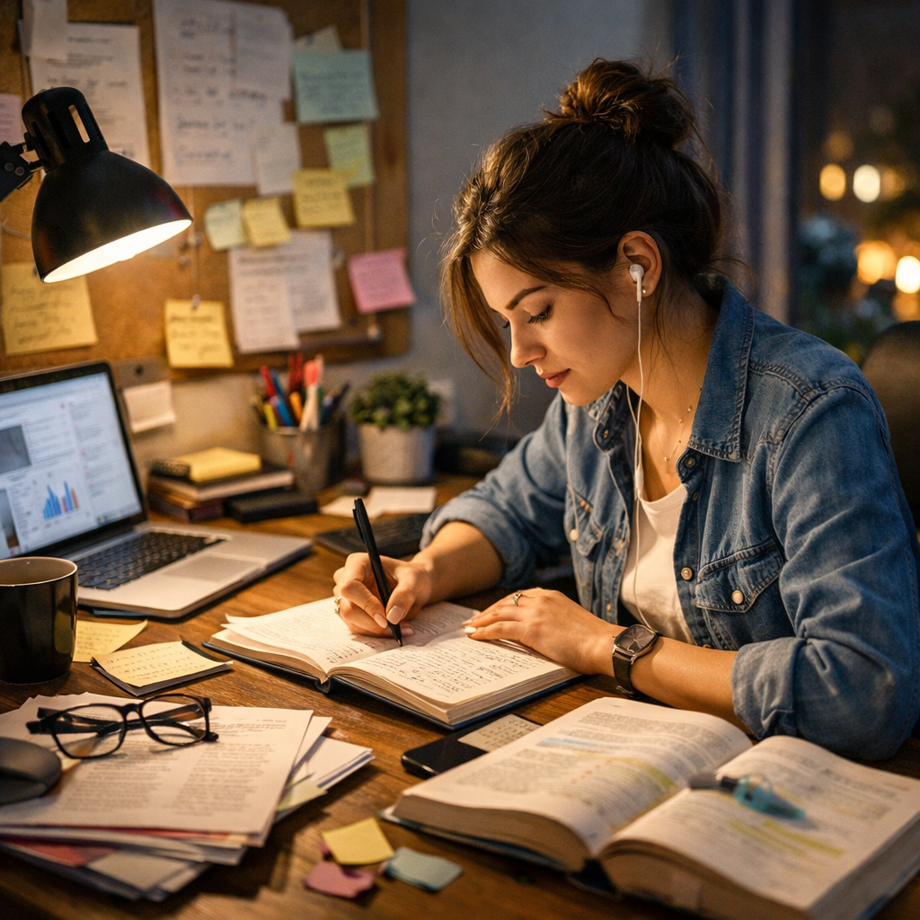 Young woman writing in notebook while studying at a desk with books and laptop