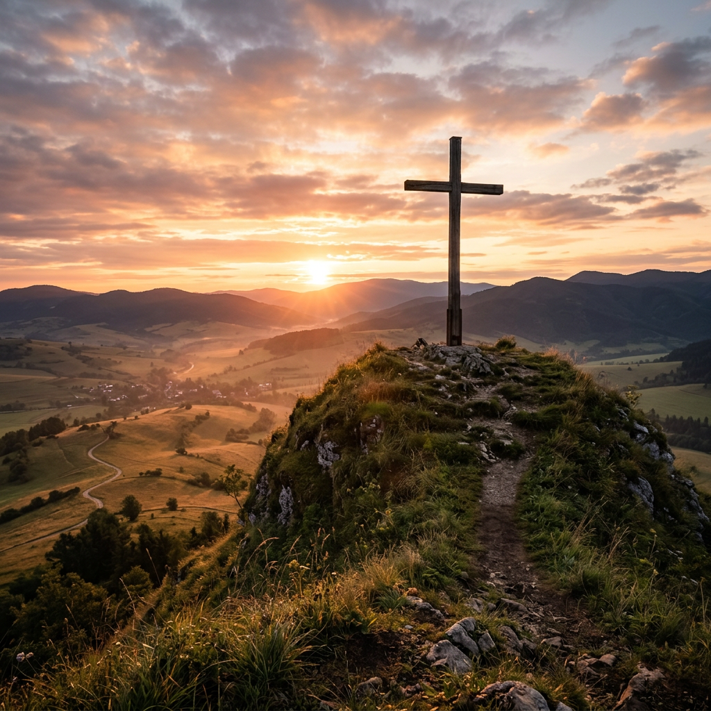 Wooden cross on rocky hill with sunset over valley and mountains
