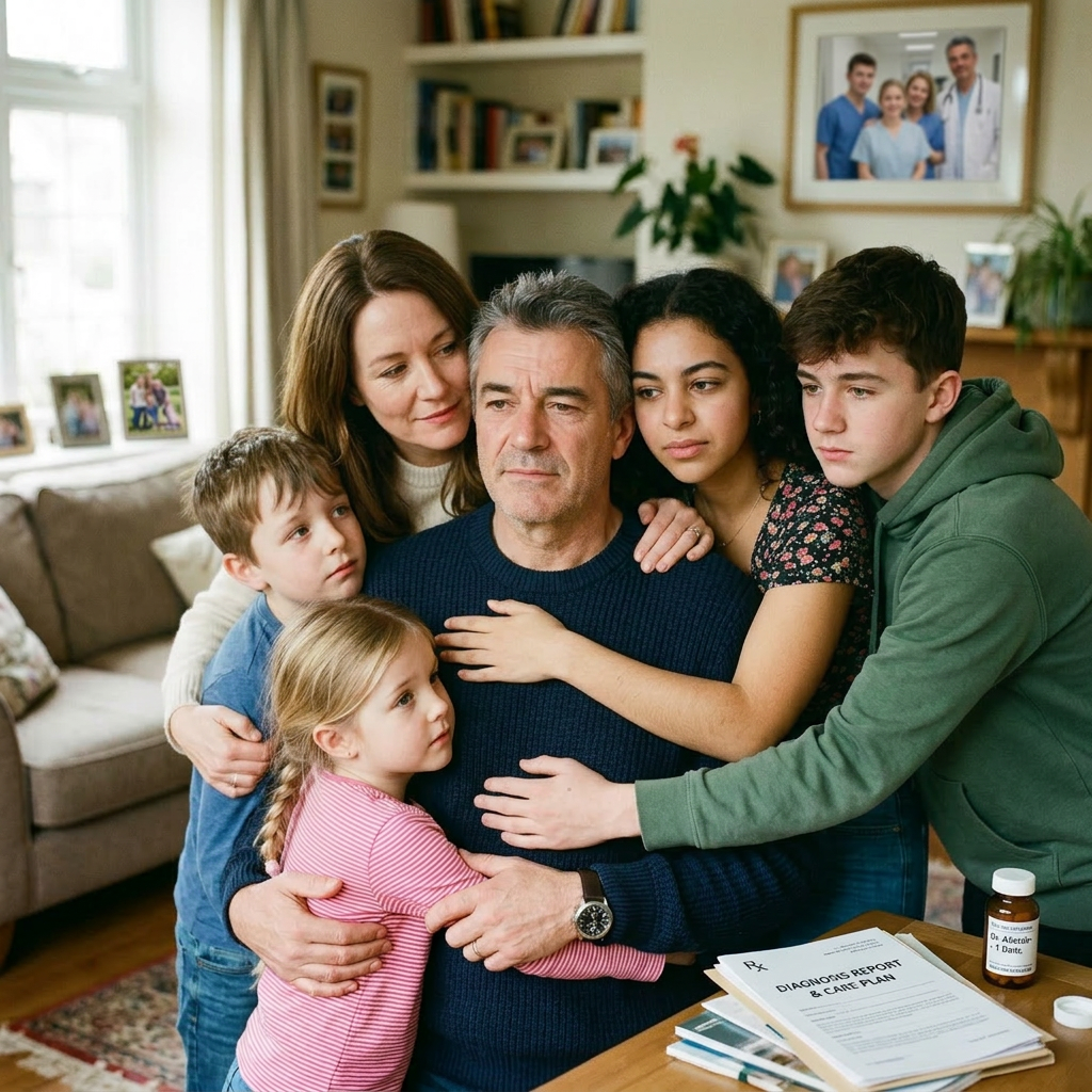 A smiling family of six embracing in a group hug inside a living room