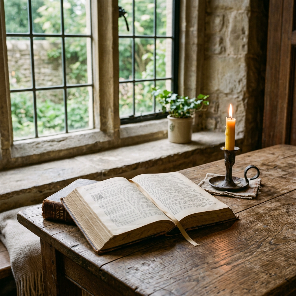 Open Bible on wooden table with lit candle and potted plant by window