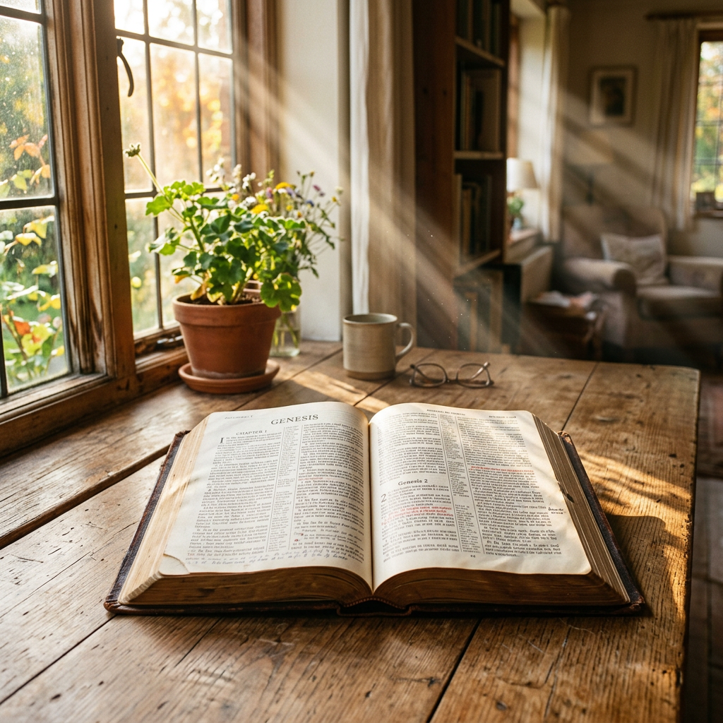 Open Bible displaying the book of Genesis on a wooden table with sunlight streaming through a window.