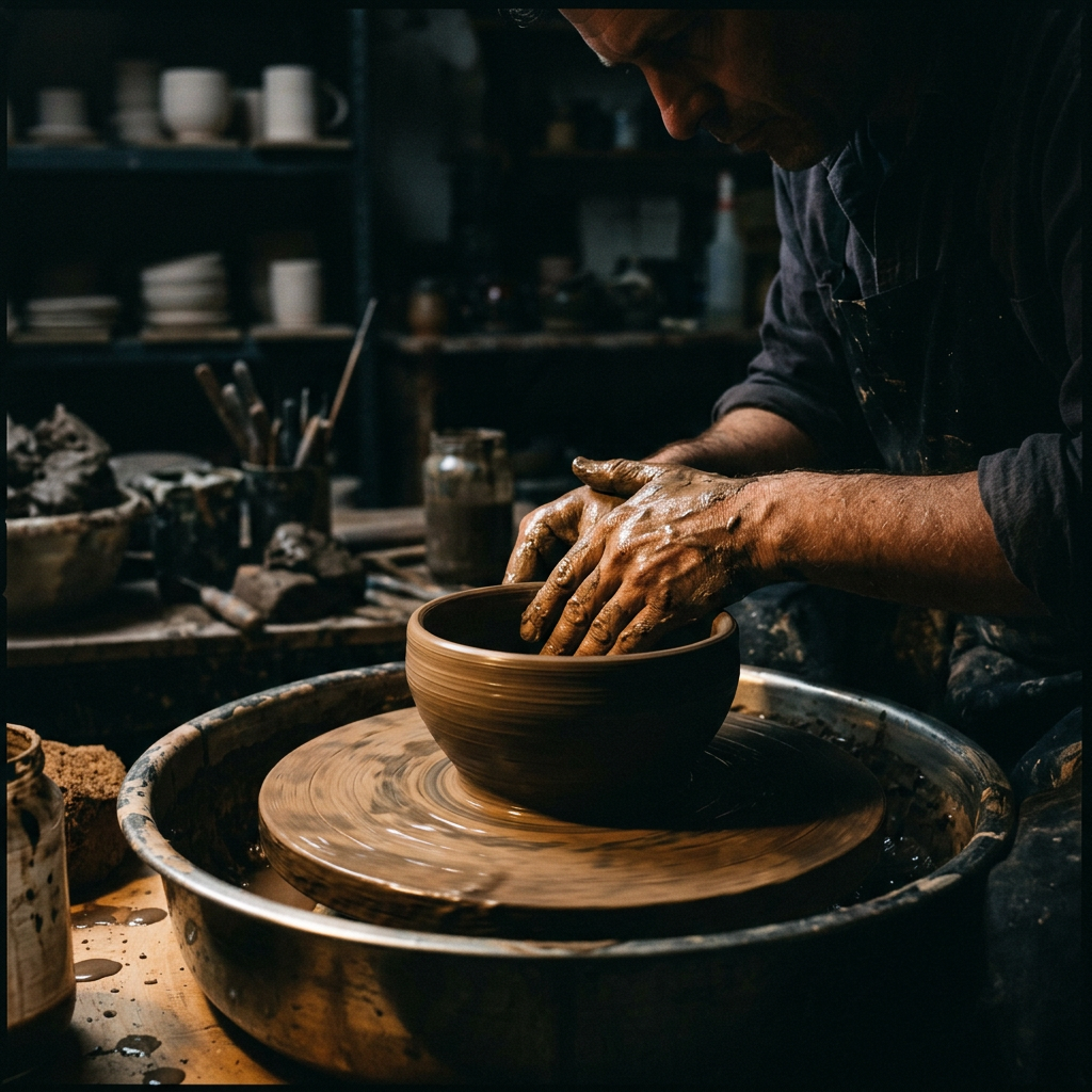 Hands shaping a clay bowl on a spinning pottery wheel