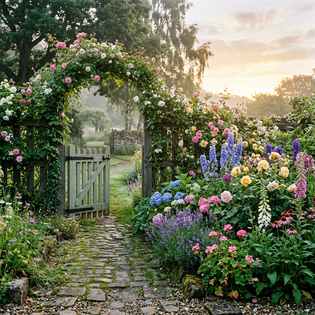 Wooden garden gate with arch of pink and white roses surrounded by colorful flowers at sunrise