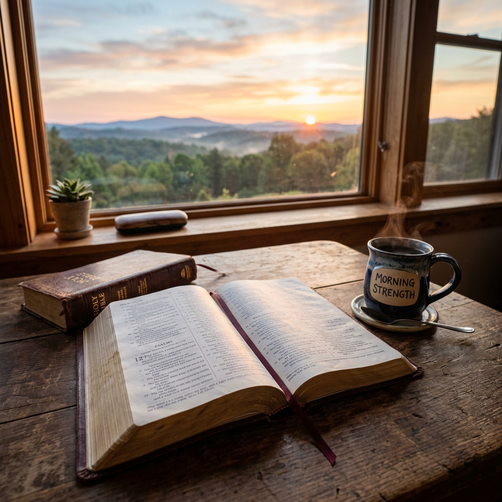 Open Bible on wooden table next to a steaming coffee mug labeled 'Morning Strength' with a sunrise visible through the window.