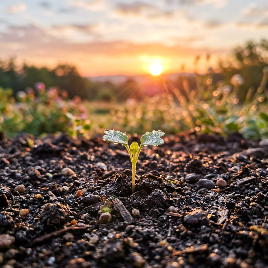 Young seedling emerging from soil with dew drops at sunrise