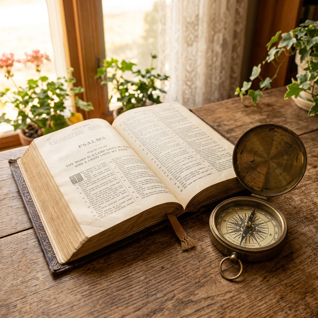 Open Bible on Psalms page with vintage brass compass on wooden table