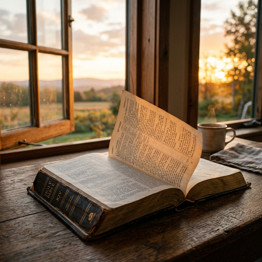 Open King James Version Bible on wooden table next to steaming coffee cup by window at sunset