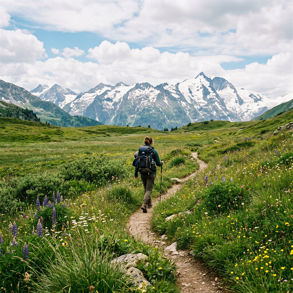 Person hiking on a winding dirt path through alpine meadow with wildflowers and snow-covered mountains in the background
