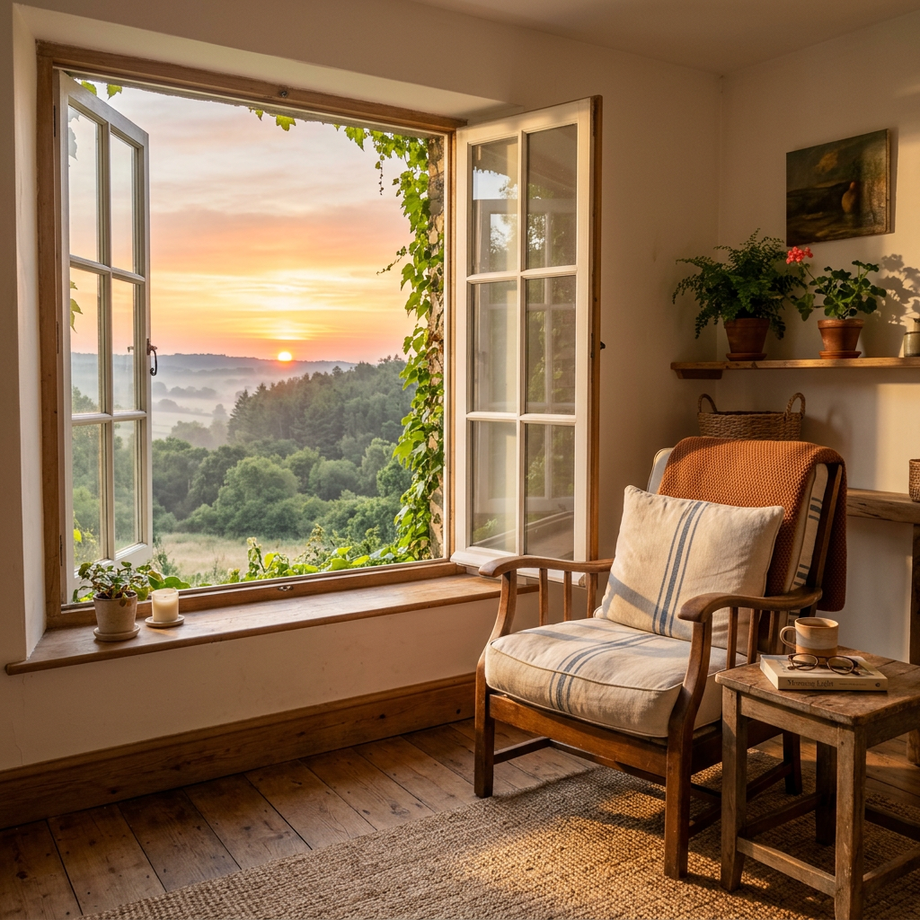 Cozy armchair beside an open window overlooking a sunrise over wooded hills