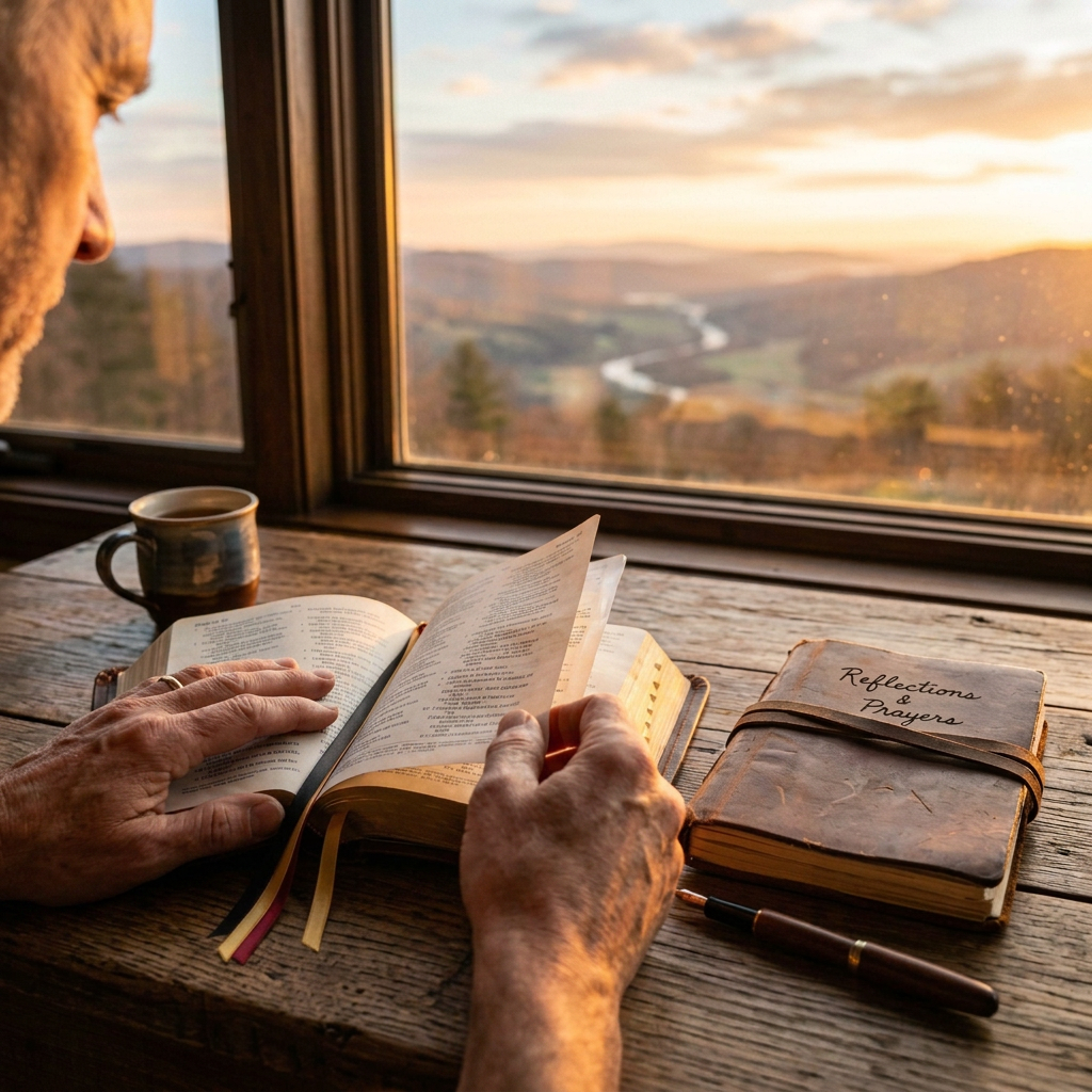Open Bible and prayer journal on a wooden table by a window