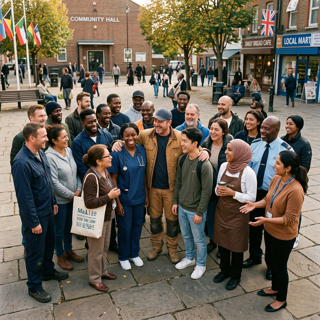 Diverse group posing outside Community Hall near Daily Bread Cafe
