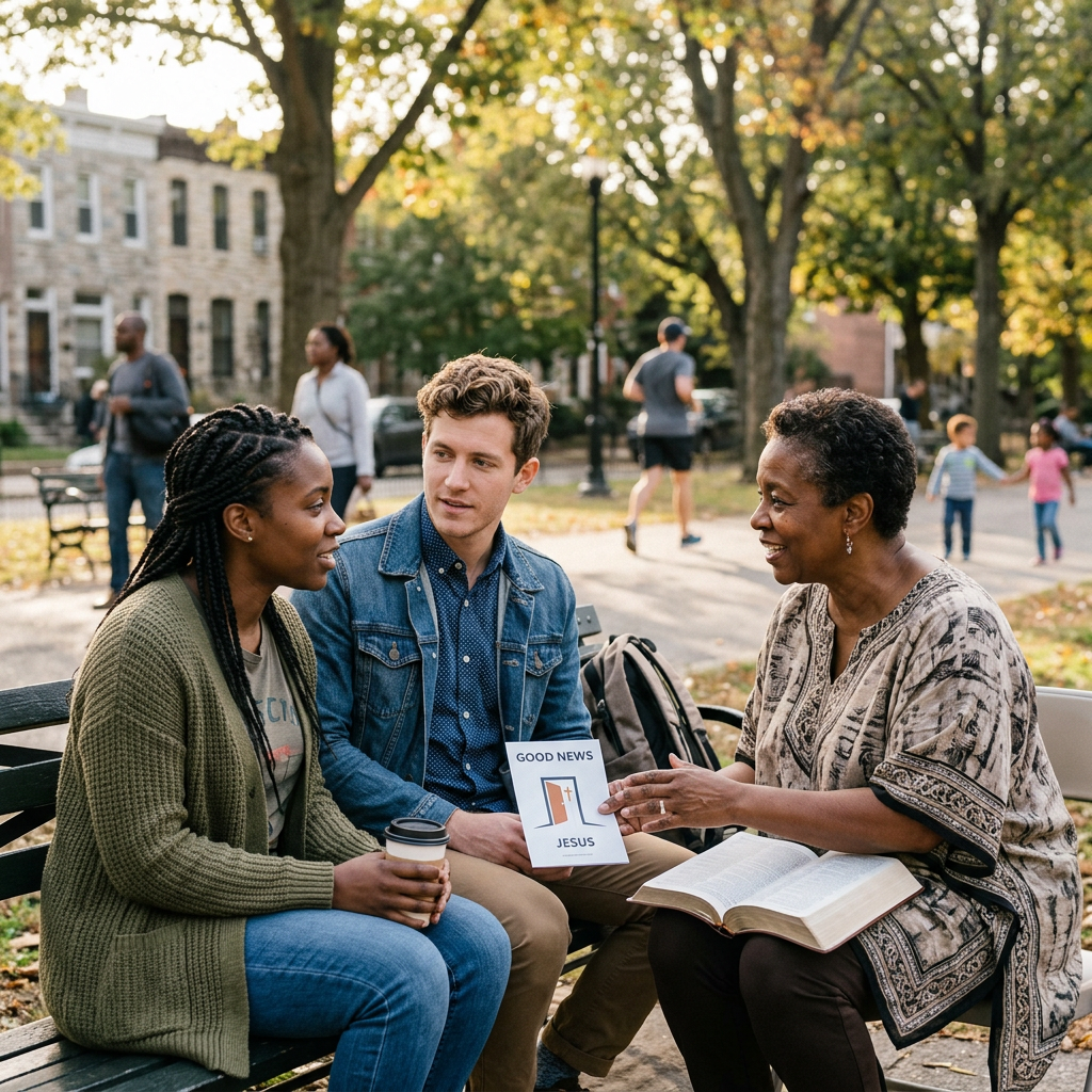Three people discussing faith with a Good News Jesus booklet and open Bible