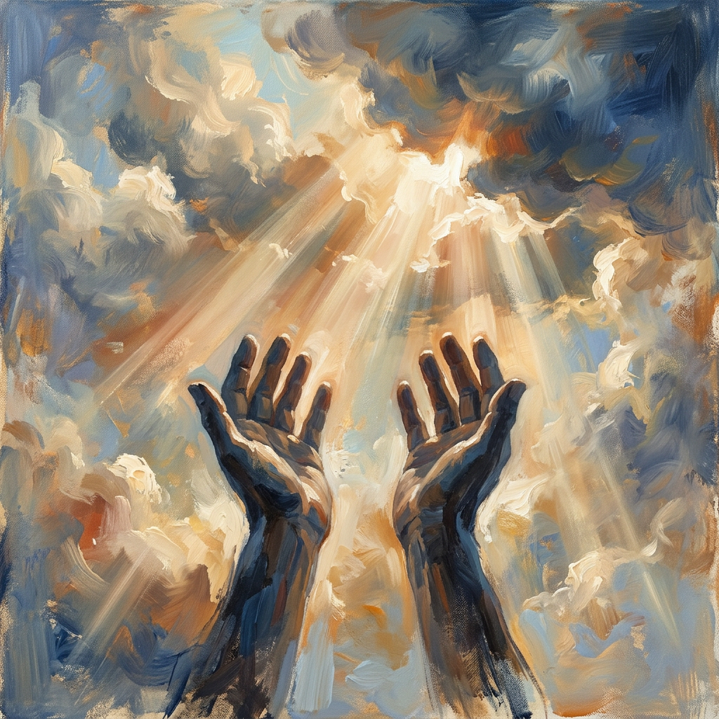 Two upturned hands reaching toward sunlight streaming through clouds