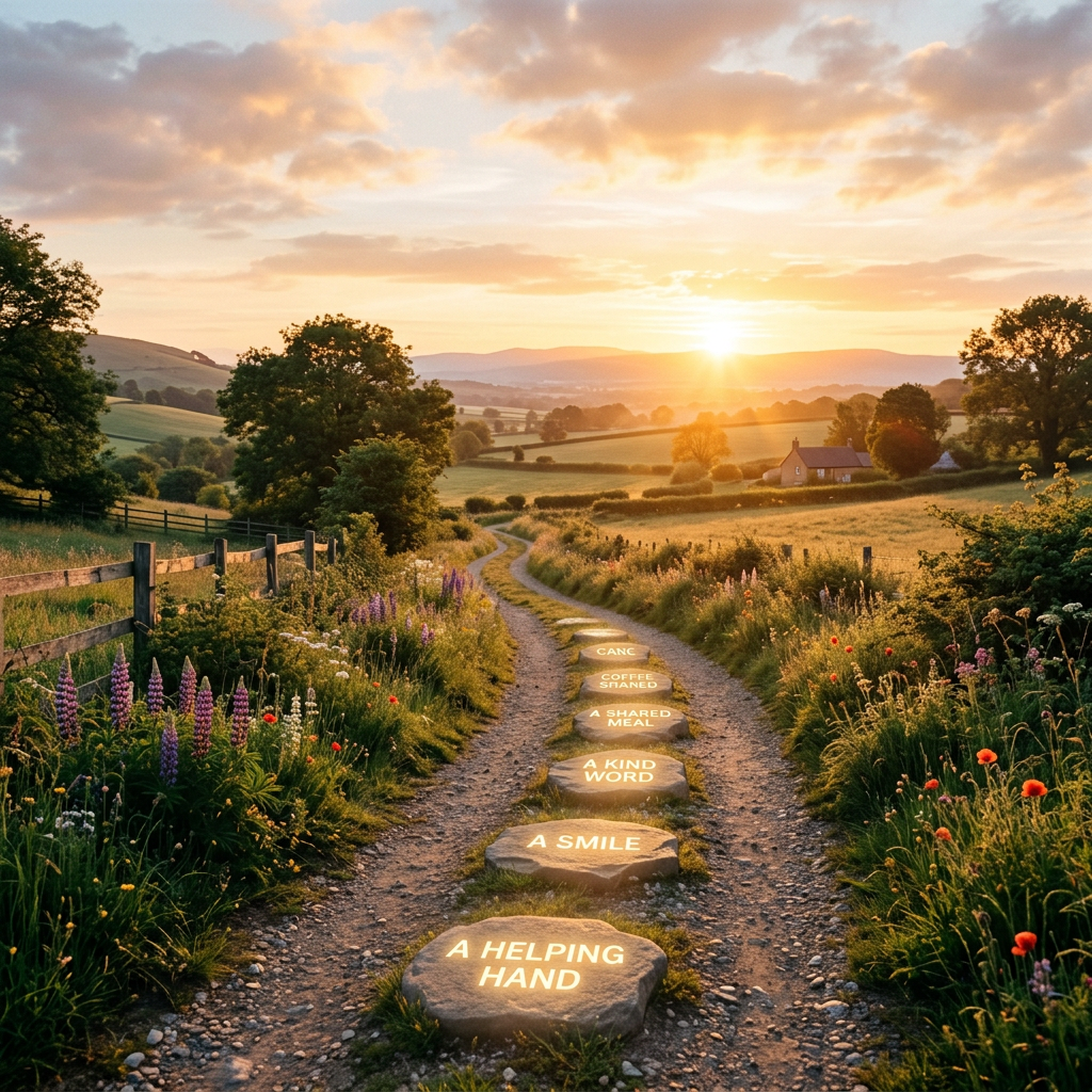 Country path with stones labeled kind actions, ending at a sunset farmhouse