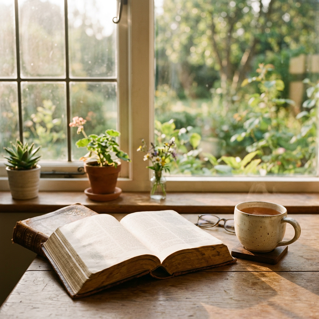 Open Bible, tea, glasses, and potted plants by a sunny garden window
