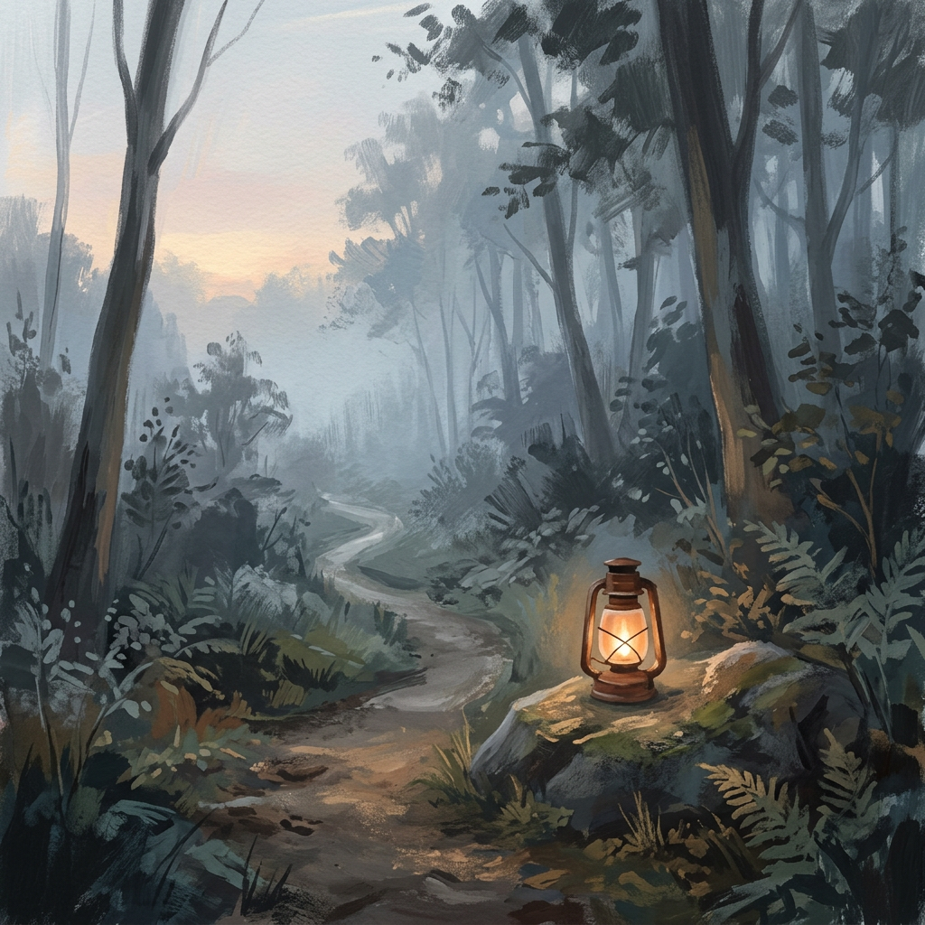 Glowing lantern beside a winding path in a misty forest