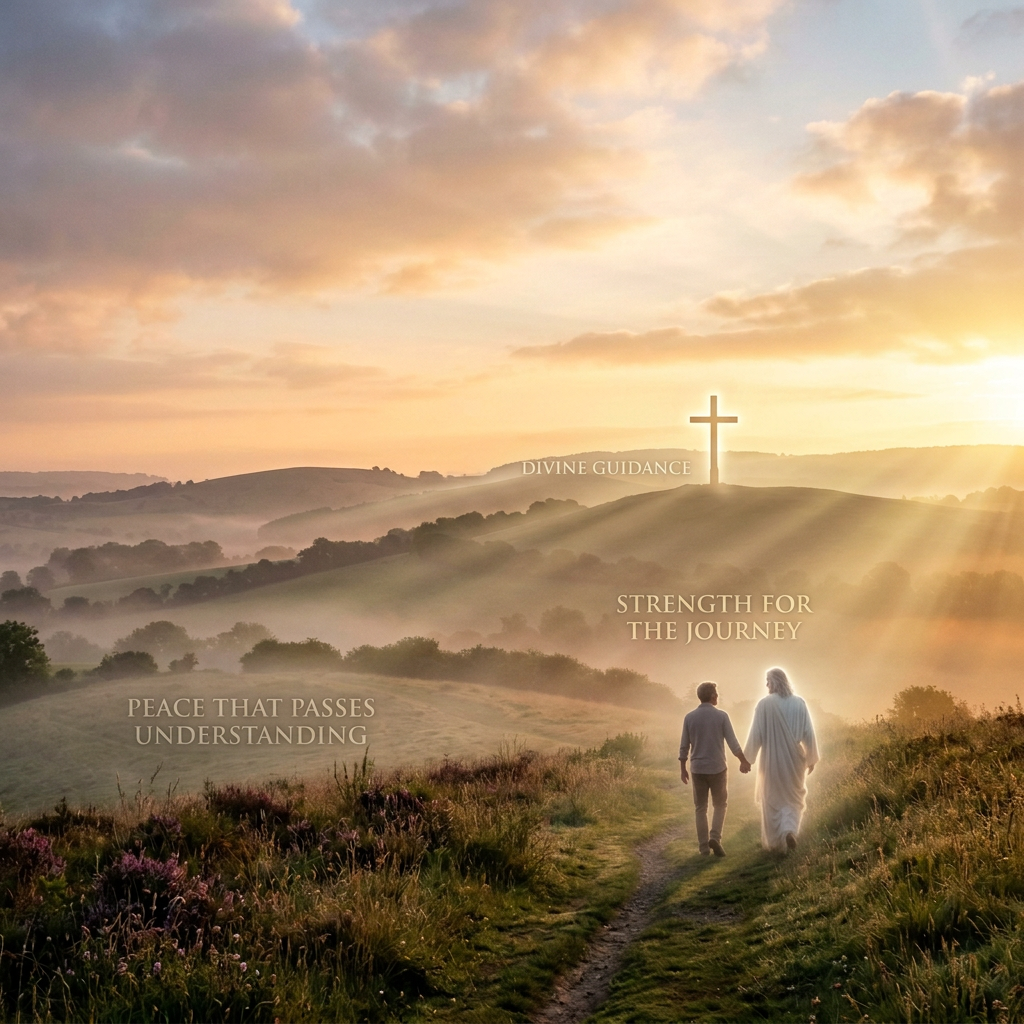Winding path through misty meadow toward a hilltop cross at sunrise