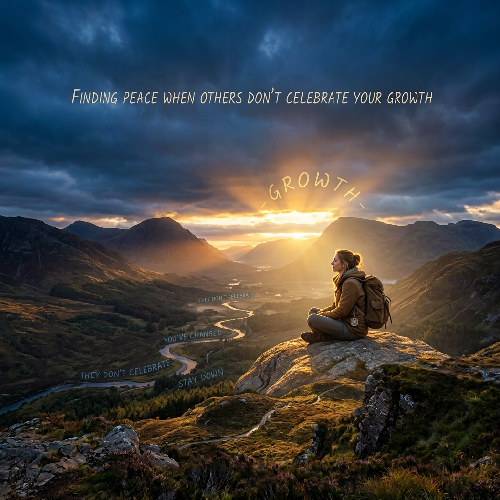 Mountain hiker at sunrise with text: "FINDING PEACE WHEN OTHERS DON'T CELEBRATE YOUR GROWTH," "GROWTH," "THEY DON'T CELEBRATE," "YOU'VE CHANGED," and "STAY DOWN."